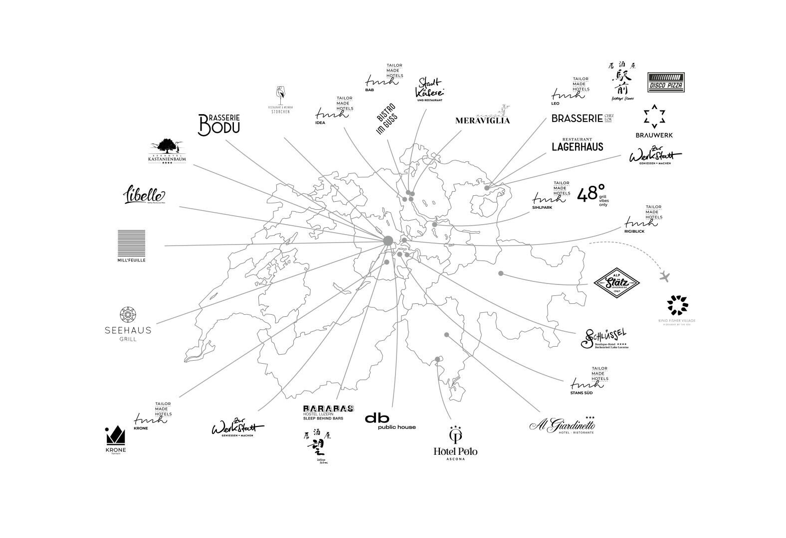 Eine Karte der Schweiz mit verschiedenen Restaurantlogos und -namen, die von verschiedenen Orten des Landes ausstrahlen und auf bemerkenswerte gastronomische Einrichtungen hinweisen.