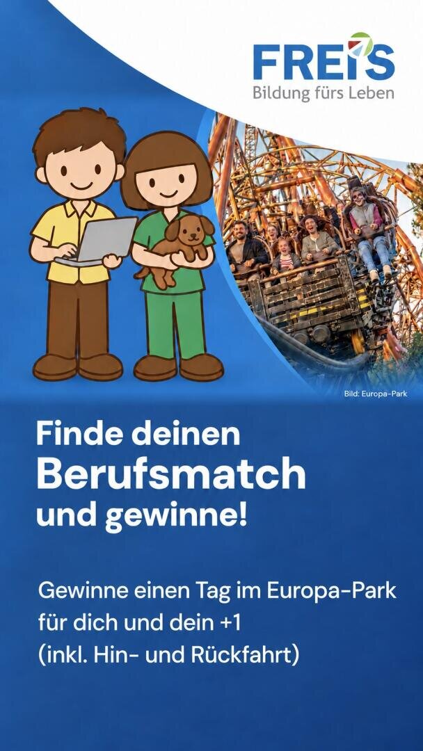 Werbeplakat für einen Karrierewettbewerb von Freis Bildung fürs Leben mit einem Comic-Duo und einer Achterbahn, bei dem eine Reise für zwei Personen in den Europa-Park zu gewinnen ist.