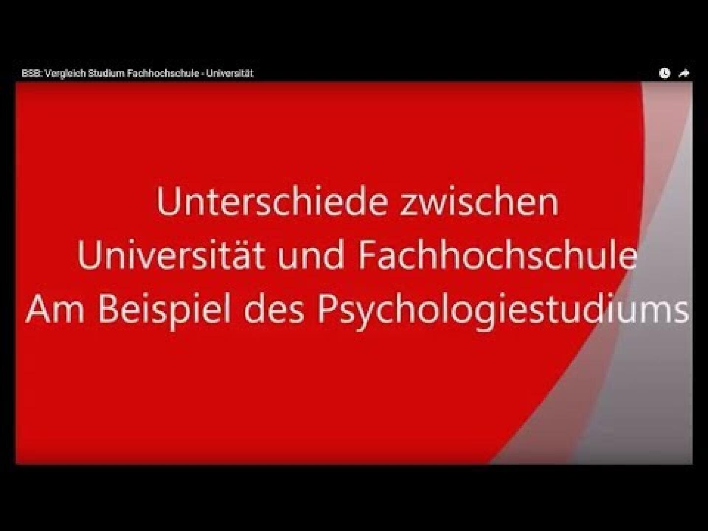 Eine rot-weiße Präsentationsfolie mit deutschem Text: Unterschiede zwischen Universität und Fachhochschule. Am Beispiel des Psychologiestudiums. Schwarzer Rand oben und an den Seiten.