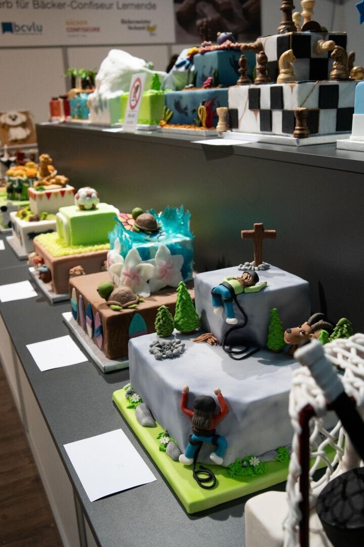 Eine Ausstellung kunstvoll verzierter Torten, von denen jede ein einzigartiges Motiv aufweist – wie Berge, kletternde Figuren, Tiere und ein Schachbrett –, die bei einem Tortenwettbewerb oder einer Ausstellung in Reihen auf einer Theke angeordnet sind.