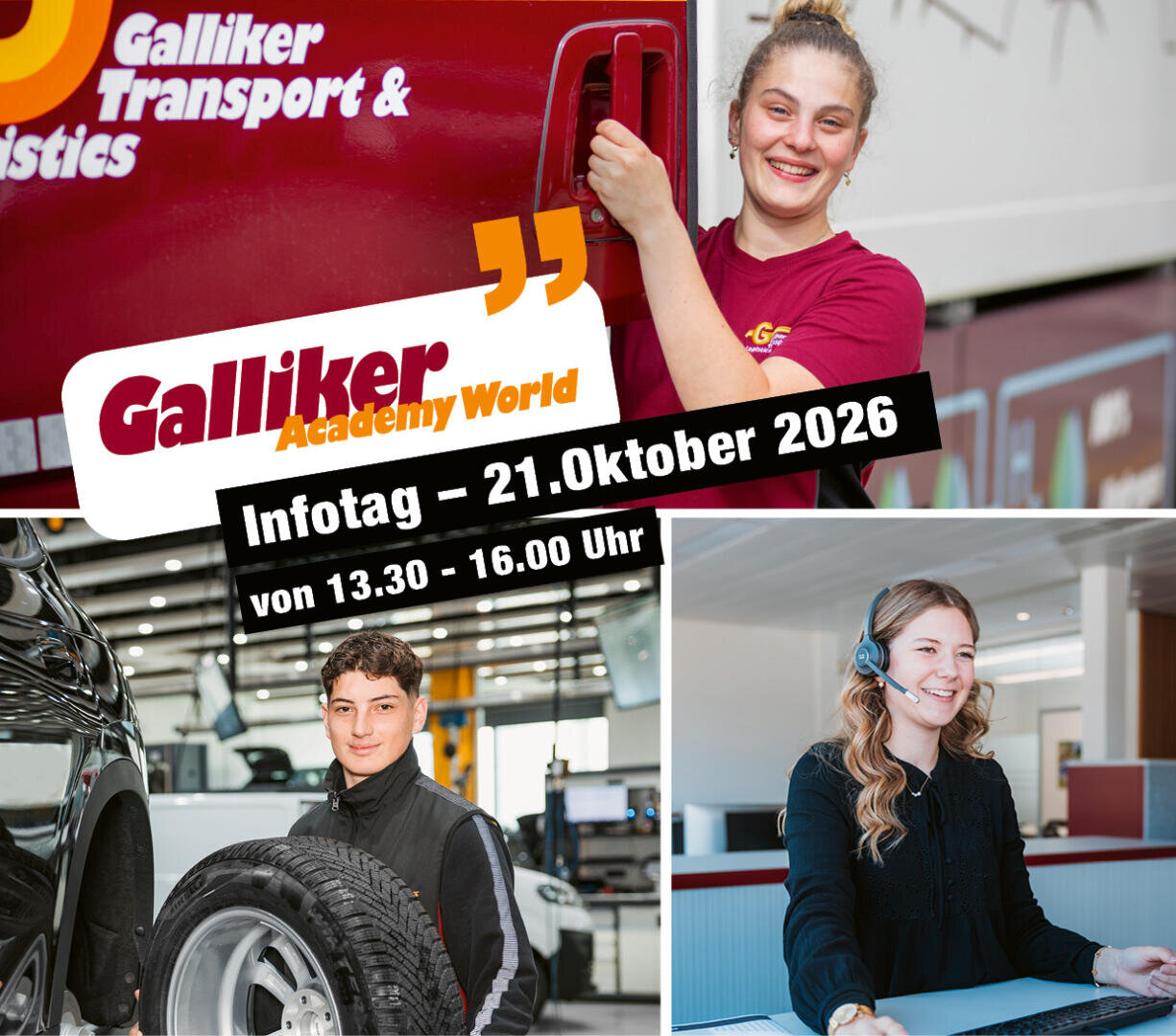 Drei Personen arbeiten in der Logistik und im Büro. Der Text lautet: Galliker Academy World Infotag – 21. Oktober 2026 von 13:30 bis 16:00 Uhr.