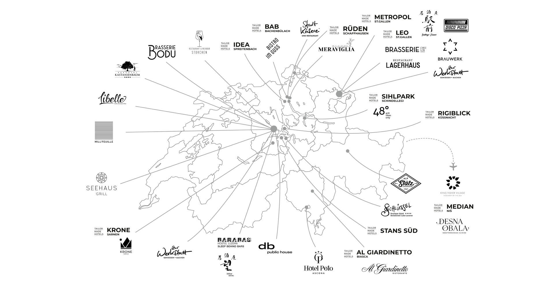 Eine Karte der Schweiz mit Restaurantnamen und Logos, die auf deren Standorte im ganzen Land verweisen und auf bemerkenswerte Gastronomiebetriebe hinweisen. Schwarz-Weiß-Design mit stilisierten Schriftzügen und Symbolen.
