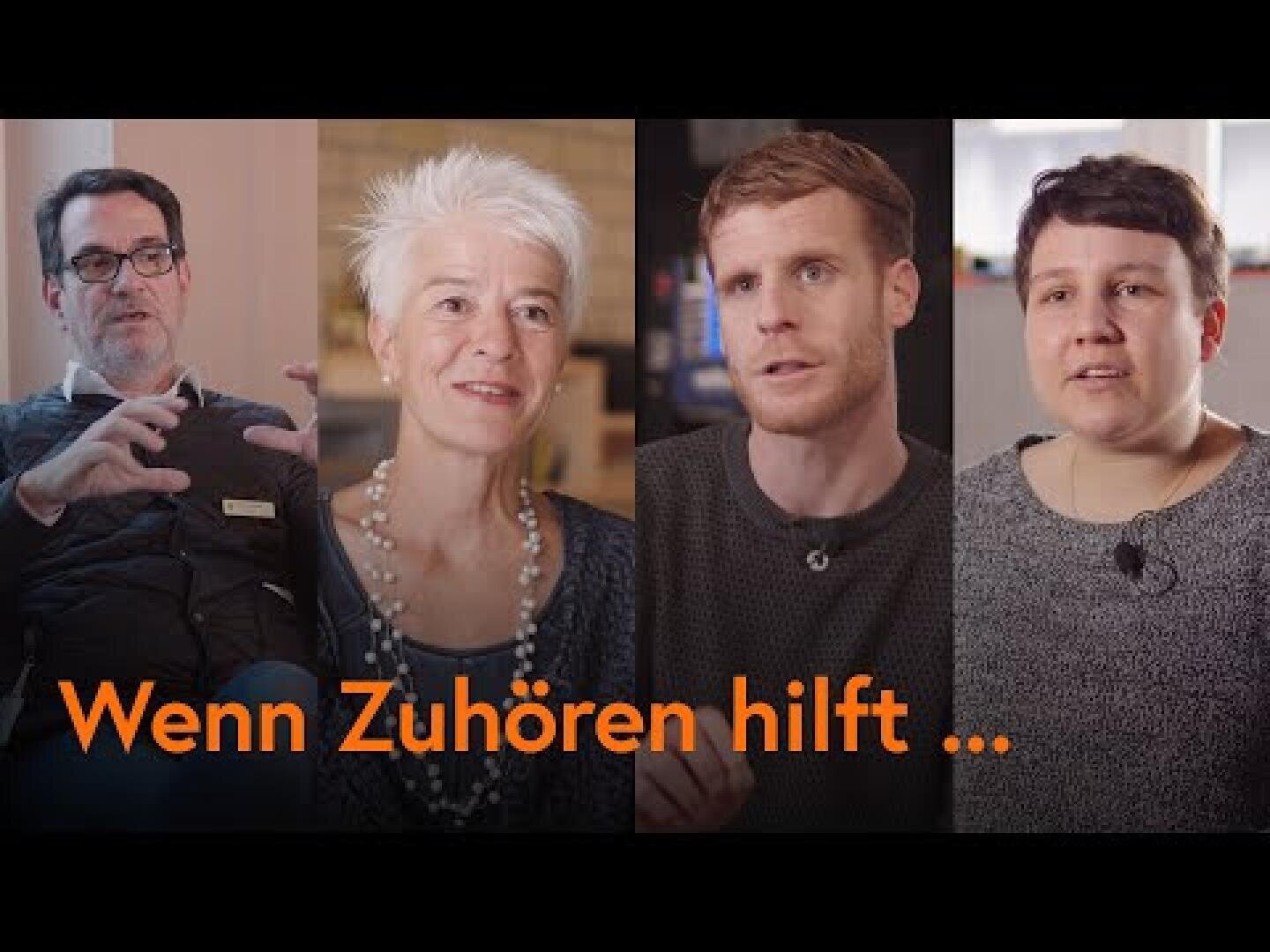 In einzelnen Bildfeldern sind vier Personen zu sehen, die jeweils nachdenklich wirken. Über dem Bild steht der deutsche Text „Wenn Zuhören hilft …“, was auf Englisch „When listening helps …“ bedeutet.