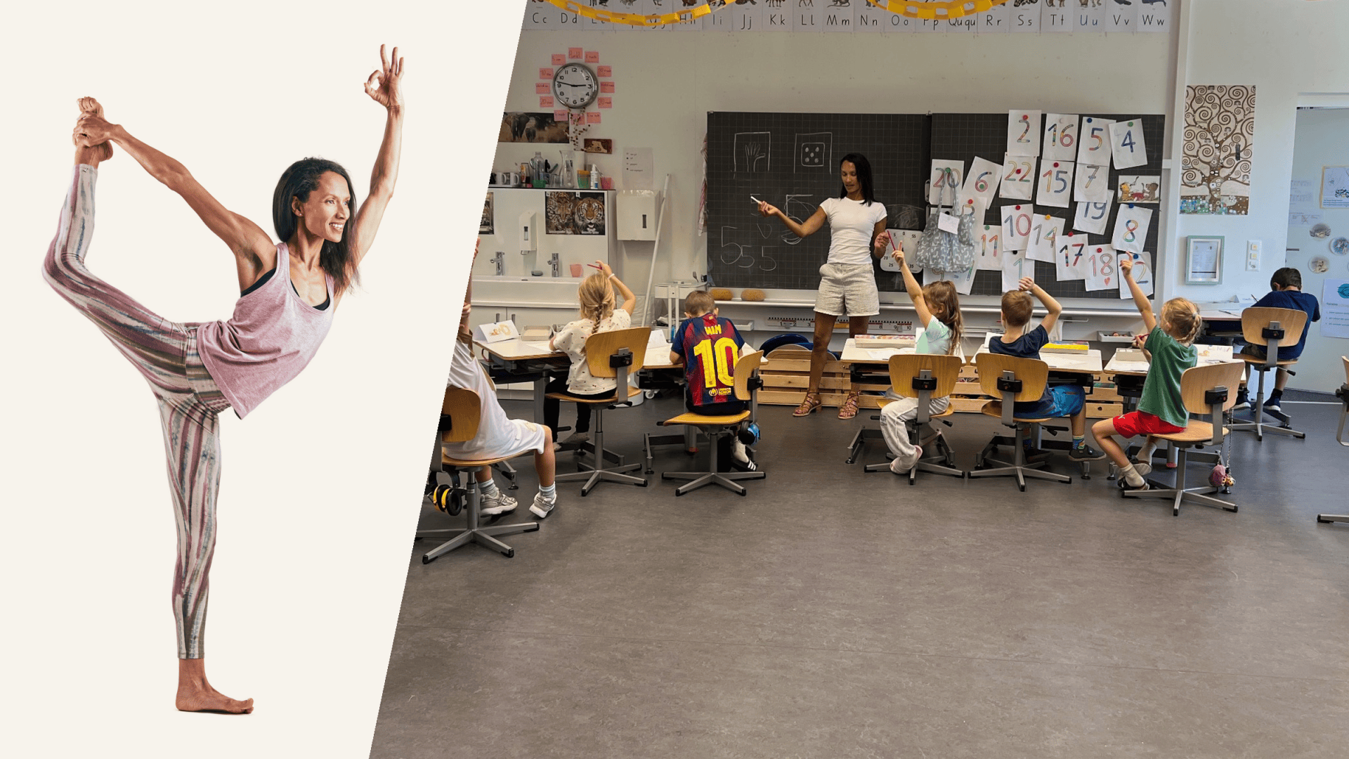 Ein geteiltes Bild, auf dem links eine Frau zu sehen ist, die eine Yoga-Übung macht, und rechts ein Lehrer, der in einem Klassenzimmer mit jungen Schülern auf Zahlen an der Tafel zeigt.