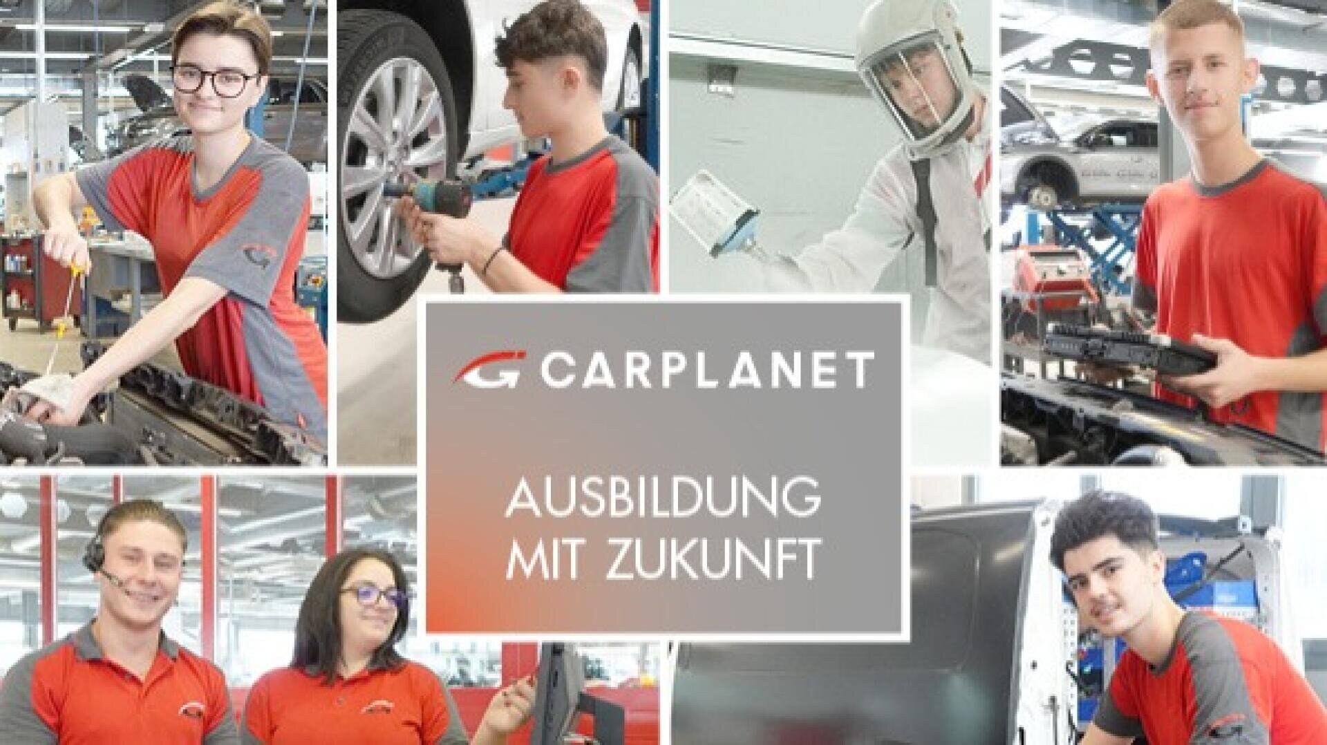 Collage von jungen Leuten in einer Werkstatt, die rote Hemden tragen und an Autos und Autoteilen arbeiten. Der Text in der Mitte lautet "Carplanet Ausbildung mit Zukunft" auf grauem Hintergrund.