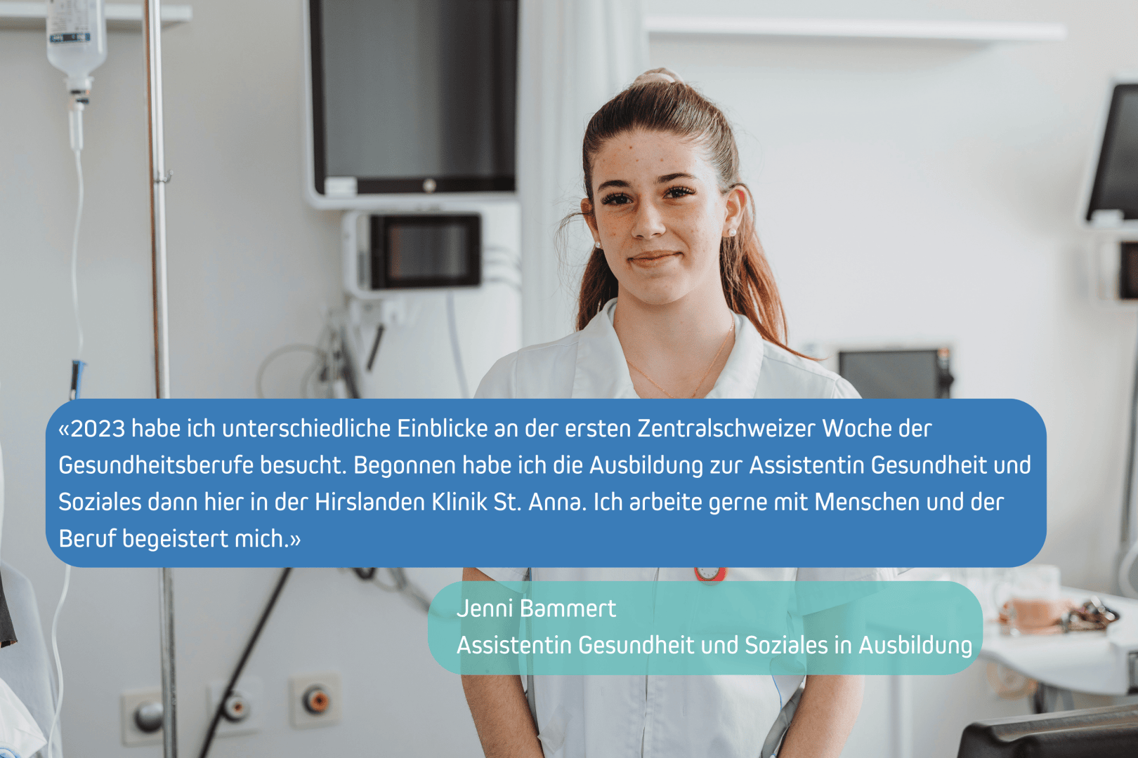 Eine junge Frau in einem weißen Arztkittel steht in einer klinischen Umgebung und lächelt leicht. Ein Zitat auf Deutsch über ihre Erfahrungen in der Gesundheitsausbildung und ihr Name, Jenni Bammert, sind auf dem Bild zu sehen.