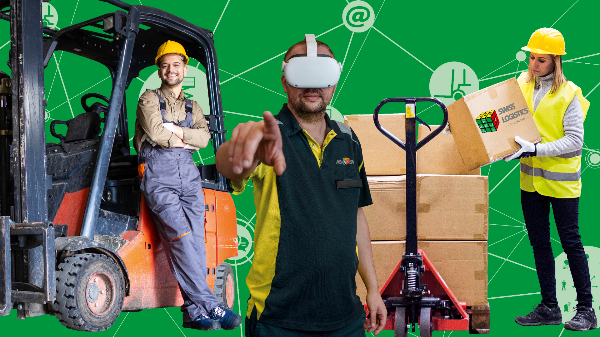 Drei Lagerarbeiter: einer sitzt auf einem Gabelstapler, einer benutzt ein VR-Headset und zeigt nach vorne, und einer hebt eine Kiste mit der Aufschrift Swiss Logistics, die mit einem grünen digitalen Netzwerk hinterlegt ist.