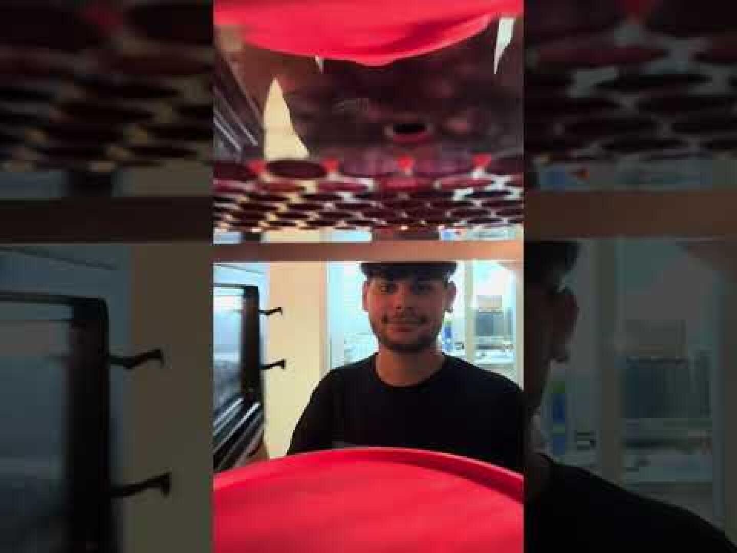 Ein Mann mit schwarzem Hemd und Mütze steht hinter einem Tresen, der durch ein Tablett mit kreisförmigen Löchern über ihm betrachtet wird, wahrscheinlich in einer Küche oder einem Restaurant.