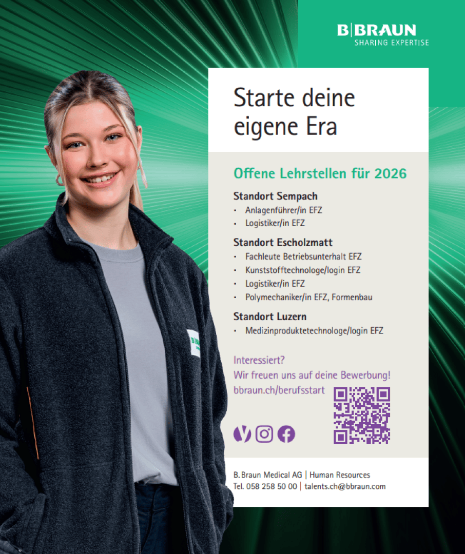 Eine junge Frau in einer grauen Fleece-Jacke lächelt vor einem grünen Hintergrund. Neben ihr lädt ein deutscher Text dazu ein, sich für einen Ausbildungsplatz bei B. Braun im Jahr 2026 zu bewerben und nennt Standorte und Kontaktdaten.