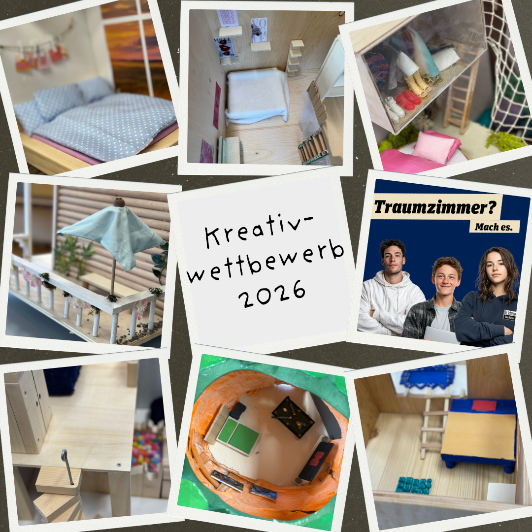 Collage aus kreativen Miniatur-Zimmermodellen mit Betten, Dekoration und Möbeln. Der Text in der Mitte lautet „Kreativwettbewerb 2026“. Unten rechts sind drei Jugendliche zu sehen, dazu die Bildunterschrift „Traumzimmer? Mach es...“.