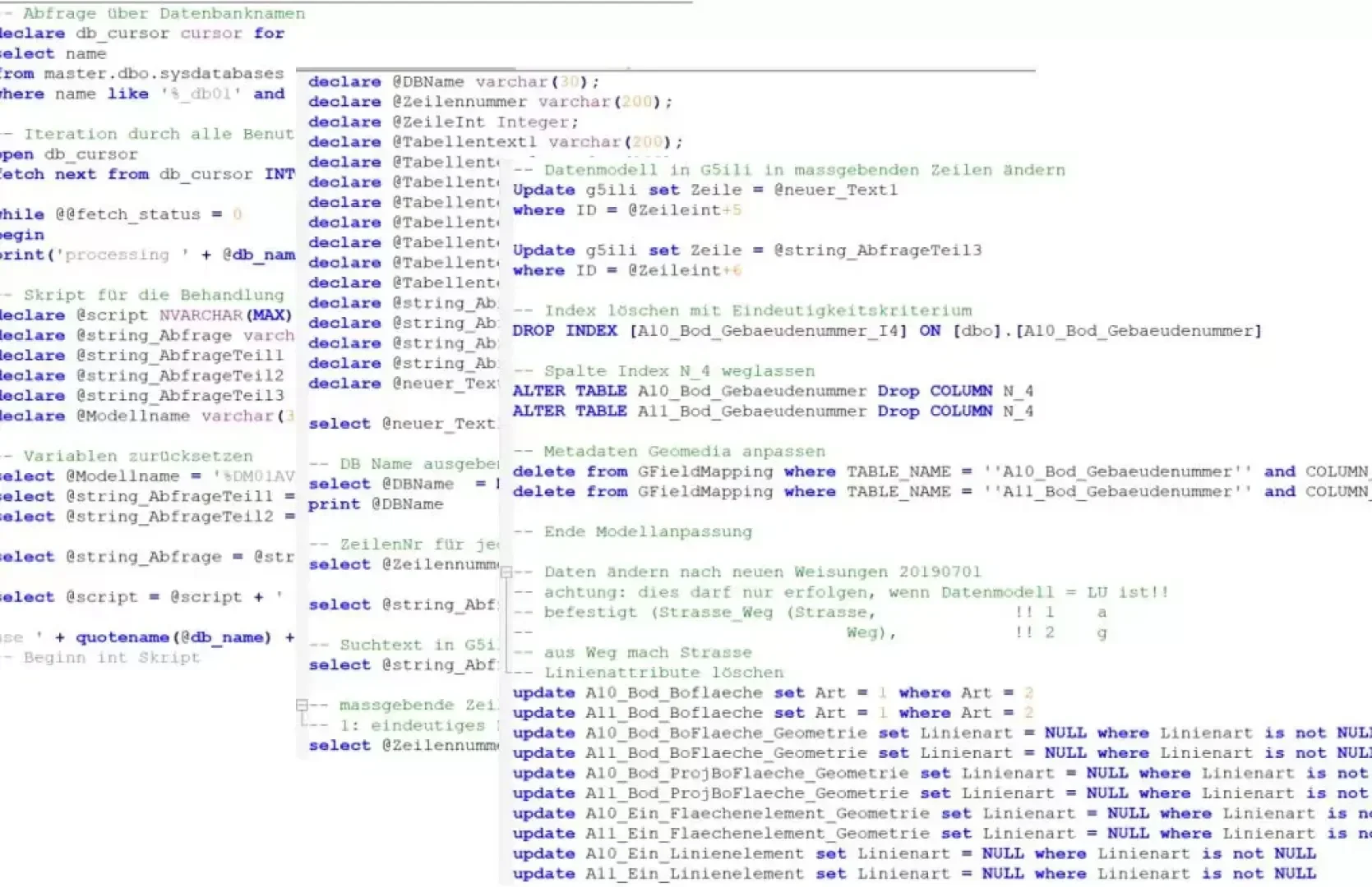 Screenshot von SQL-Code in deutscher Sprache, der Abfragen und Tabellenänderungen mit Kommentaren, Variablendeklarationen, SELECT-Anweisungen und Operationen zur Verwaltung der Datenbankstruktur und Datenintegrität zeigt.