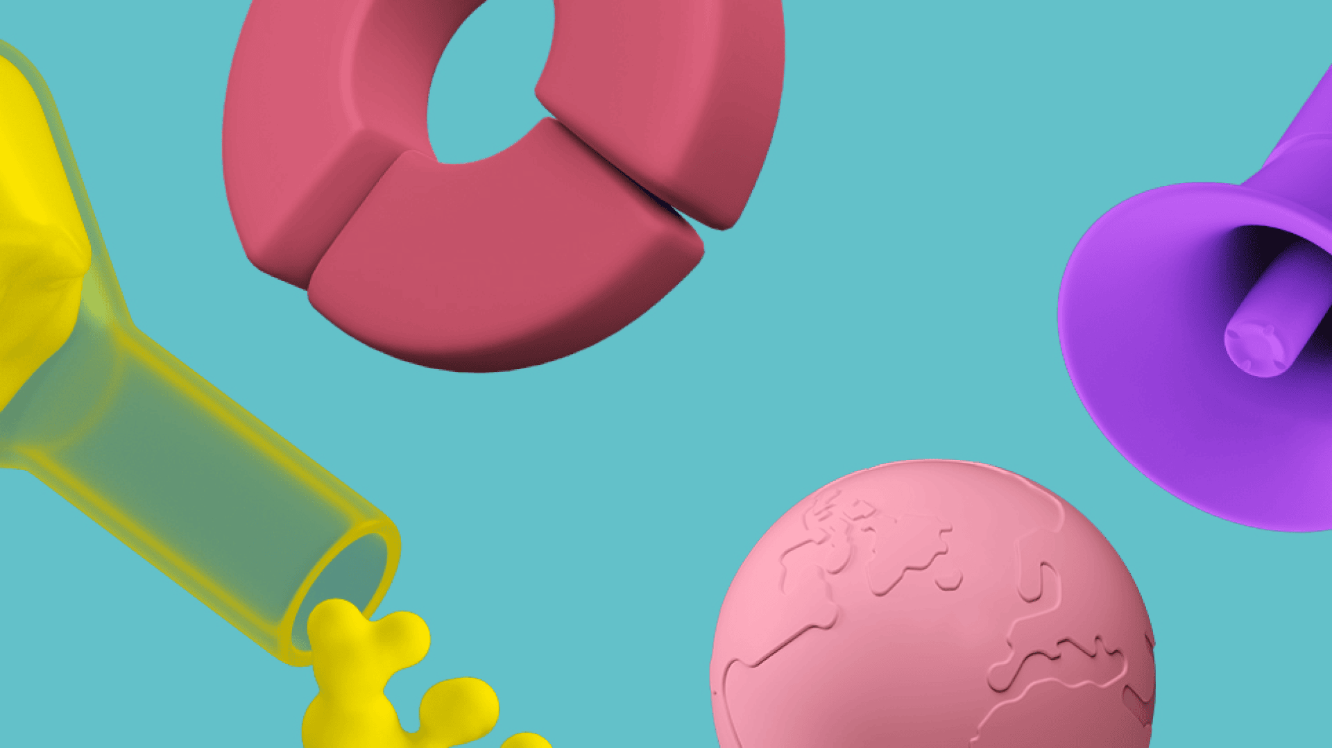 Abstrakte 3D-Formen, darunter ein rosafarbener segmentierter Ring, eine durchsichtige gelbe Flasche, aus der eine gelbe Flüssigkeit austritt, ein rosafarbener Globus und eine lila Glocke auf blauem Hintergrund.
