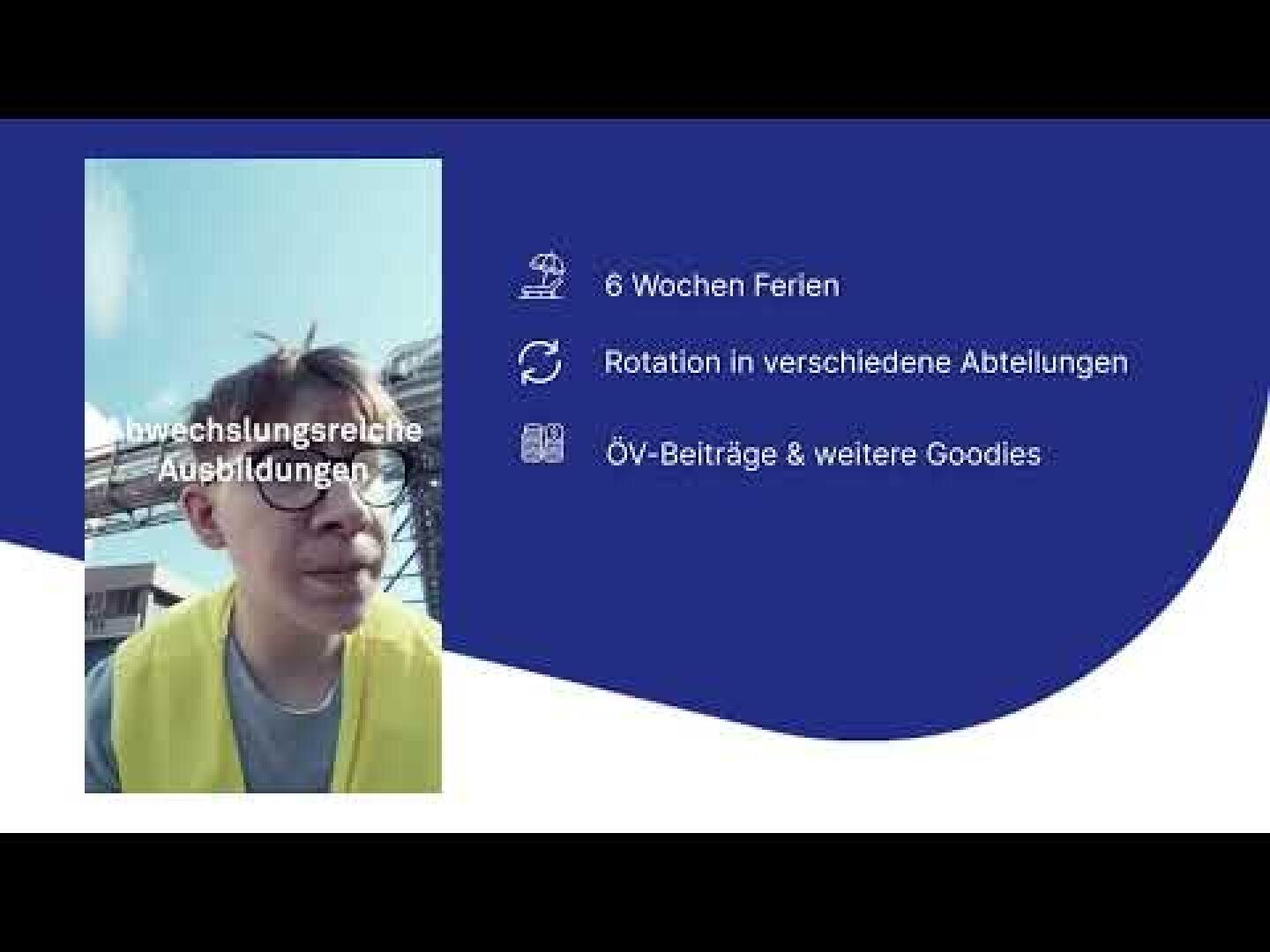 Eine Person in einer gelben Weste steht im Freien, daneben befinden sich Symbole und ein deutscher Text, in dem die Vorteile des Jobs aufgelistet sind: 6 Wochen Urlaub, Rotation durch die Abteilungen, Zuschüsse zu öffentlichen Verkehrsmitteln und andere Vergünstigungen.