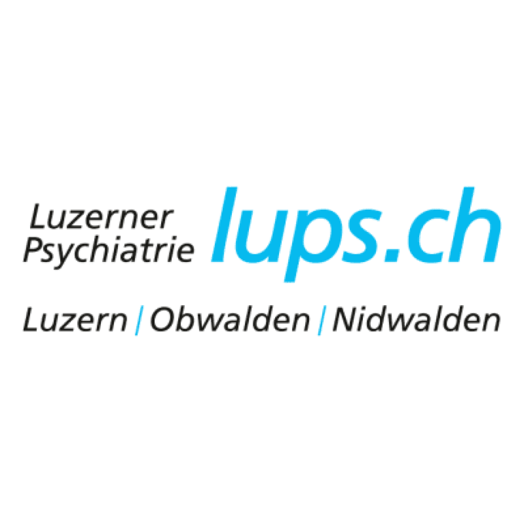 Logo für die Luzerner Psychiatrie (lups.ch) mit dem Text: Luzern, Obwalden, Nidwalden. Der Text ist schwarz und blau auf weißem Hintergrund.