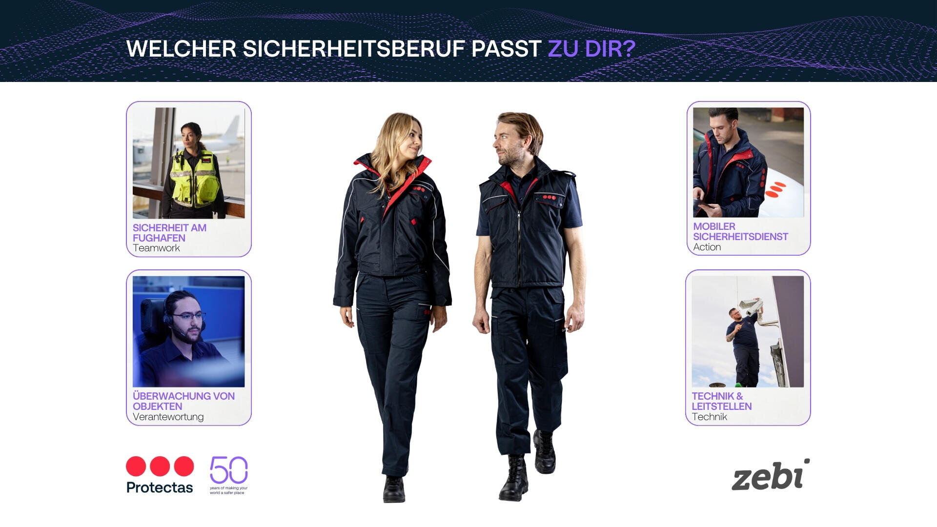 Zwei Sicherheitskräfte in Uniform gehen selbstbewusst voran. Vier kleinere Bilder zeigen verschiedene Aufgabenbereiche im Sicherheitsbereich: Flughafen, mobile Streife, Überwachung und technische Kontrolle. Der Text lautet: „Welcher Sicherheitsberuf passt zu dir?“.
