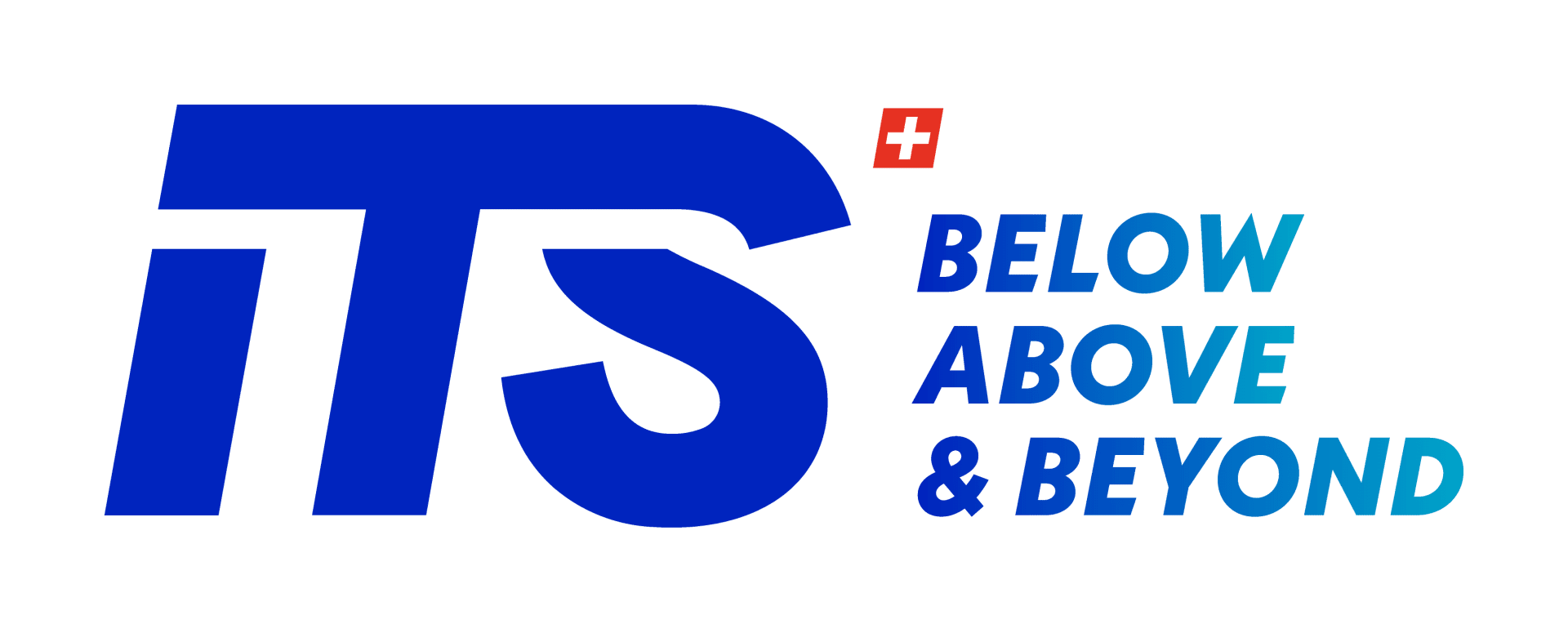 Große blaue Buchstaben „ITS“ mit einer kleinen rot-weißen Schweizer Flagge über dem „T“, daneben blauer Text mit Farbverlauf, der auf weißem Hintergrund die Aufschrift „BELOW ABOVE & BEYOND“ trägt.