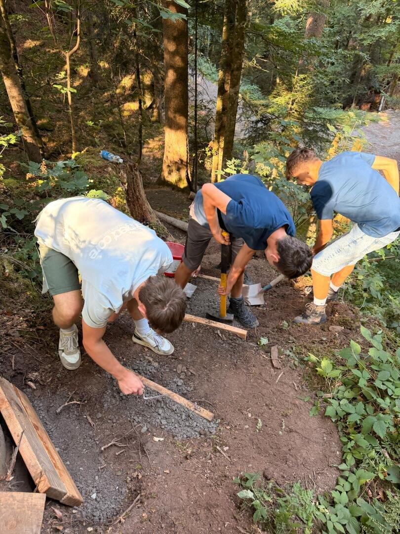 Drei Menschen arbeiten auf einem Feldweg im Wald und ebnen den Boden mit Schaufeln und Stöcken. Das Sonnenlicht fällt durch die Bäume um sie herum.