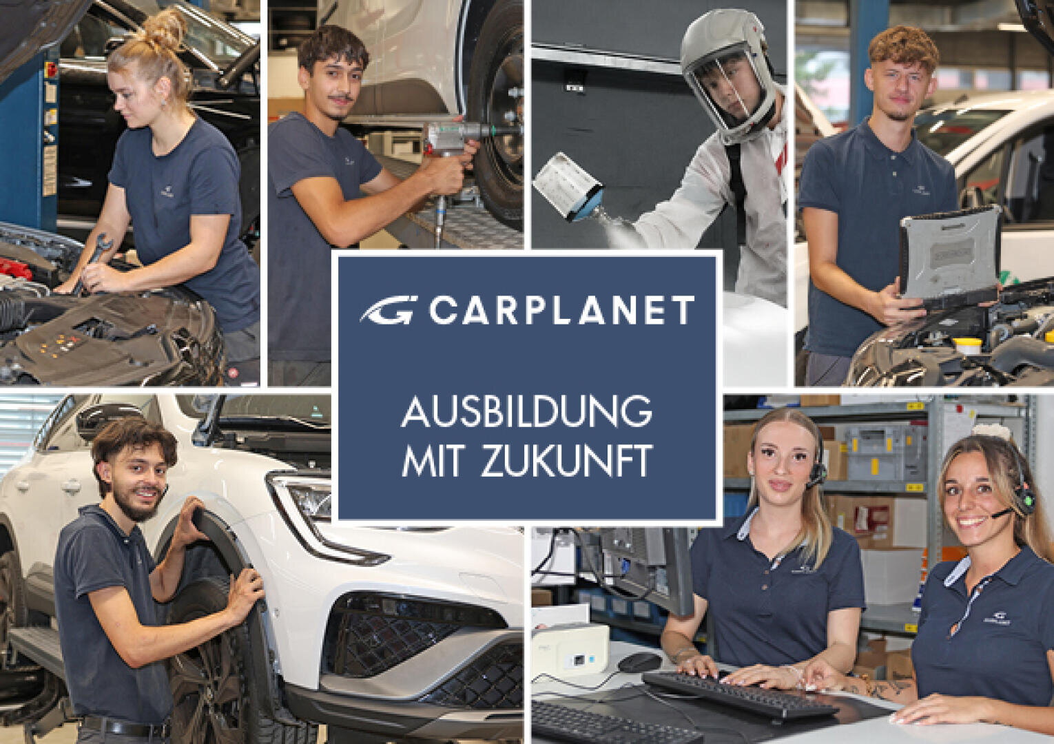 Collage von jungen Erwachsenen in verschiedenen Positionen im Automobilbereich und im Büro bei Carplanet, mit dem Text „AUSBILDUNG MIT ZUKUNFT“ in der Mitte, der moderne Ausbildungsmöglichkeiten hervorhebt.