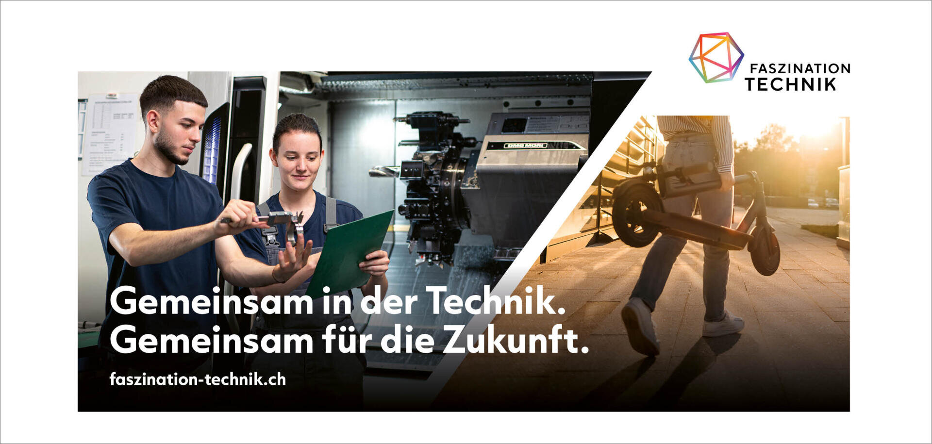 Zwei Personen arbeiten in einem technischen Labor zusammen, die eine hält ein Teil, die andere hat ein Klemmbrett in der Hand. Auf der rechten Seite bewegt jemand ein großes Roboterrad im Freien. Der Text auf Deutsch wirbt für die Zusammenarbeit in der Technik. Das Logo der Faszination Technik befindet sich oben.