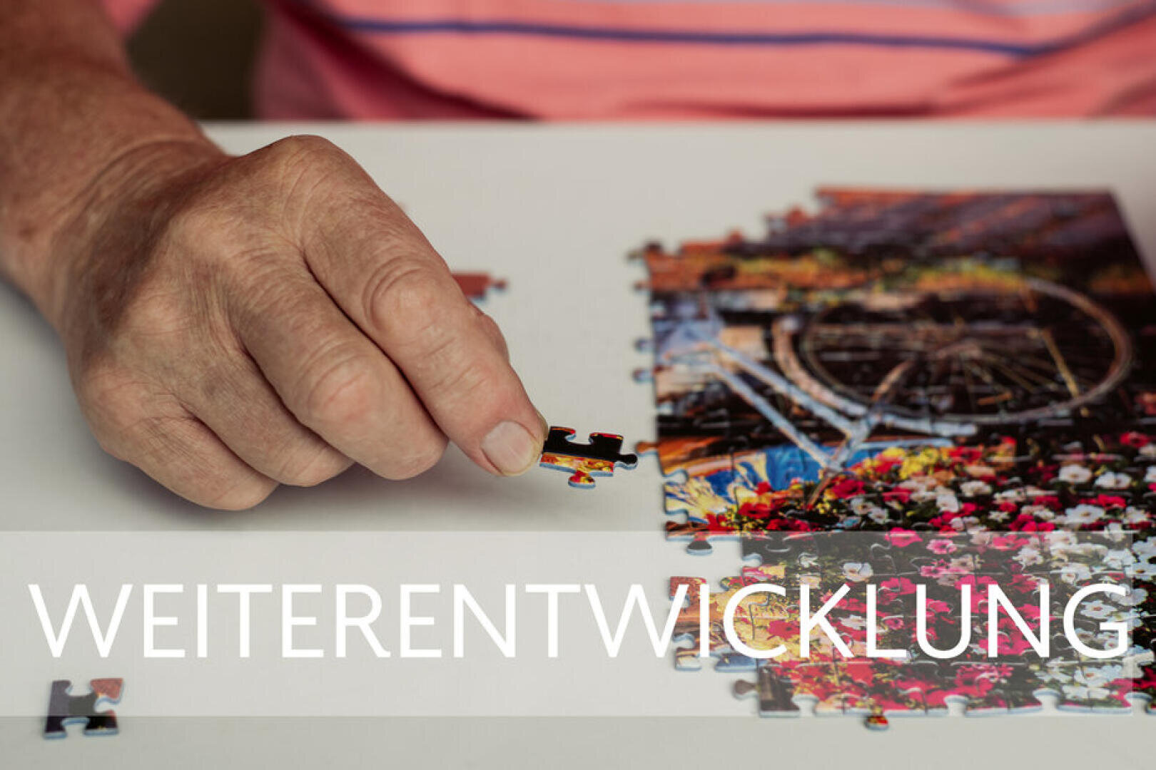 Die Hand einer Person legt ein Puzzleteil in ein buntes Puzzle auf einem Tisch. Am unteren Bildrand ist in weißer Schrift das Wort „WEITERENTWICKLUNG“ zu sehen.