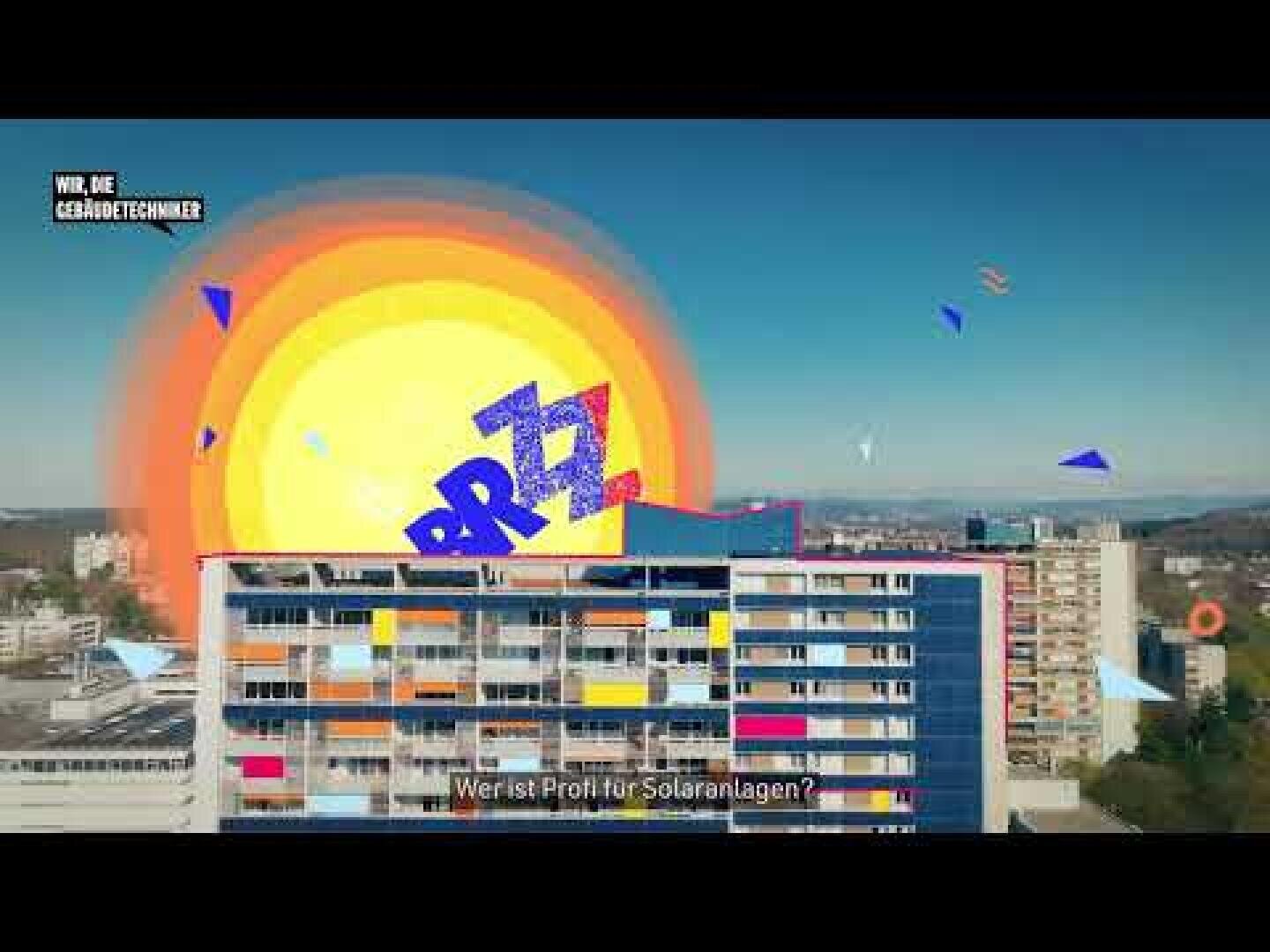 Eine farbenfrohe Illustration der Sonne mit der Aufschrift „BRZZZ“ über einer Stadtlandschaft und Mehrfamilienhäusern; der deutsche Text unten lautet: „Wer ist Profi für Solaranlagen?“.