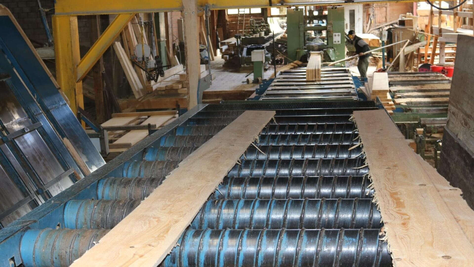 Lange Holzbretter bewegen sich über ein blaues industrielles Fördersystem in einem geschäftigen Sägewerk, mit Maschinen, Werkzeugen und einer arbeitenden Person im Hintergrund.
