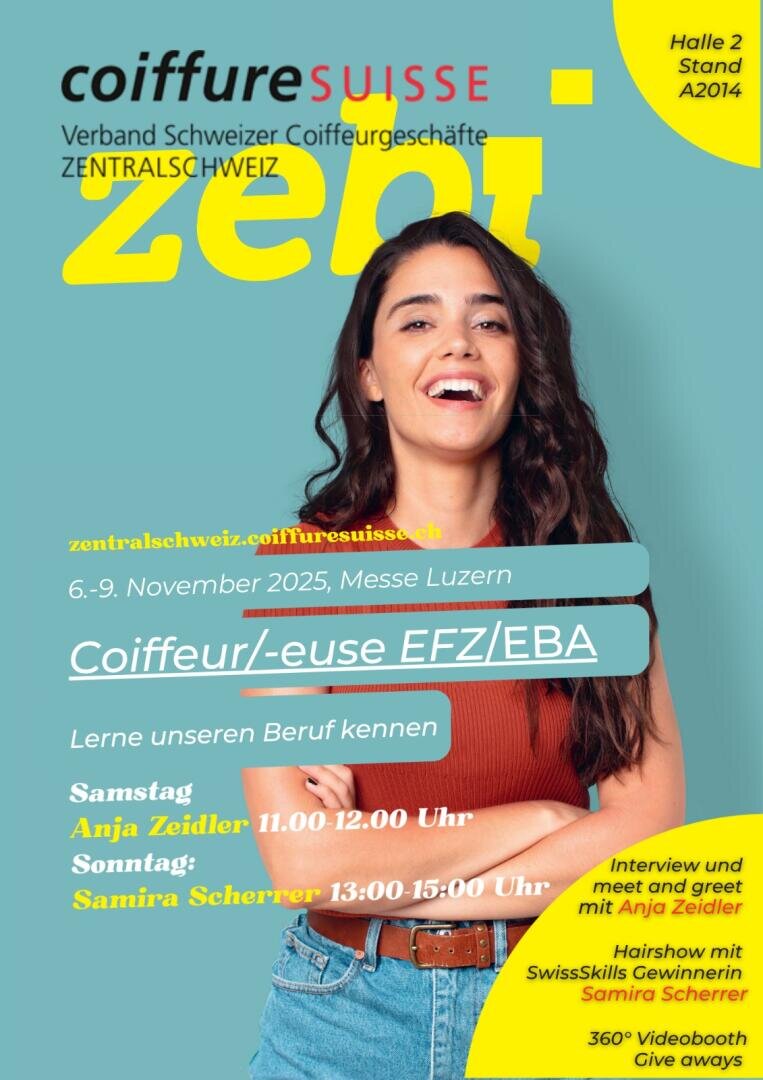 Eine lächelnde junge Frau mit langen braunen Haaren steht vor einem hellblauen Hintergrund. Der gelbe und blaue Text wirbt für eine Friseurkarriere-Veranstaltung in Luzern, Schweiz, mit Präsentationen und dem Gast Anja Zeidler.