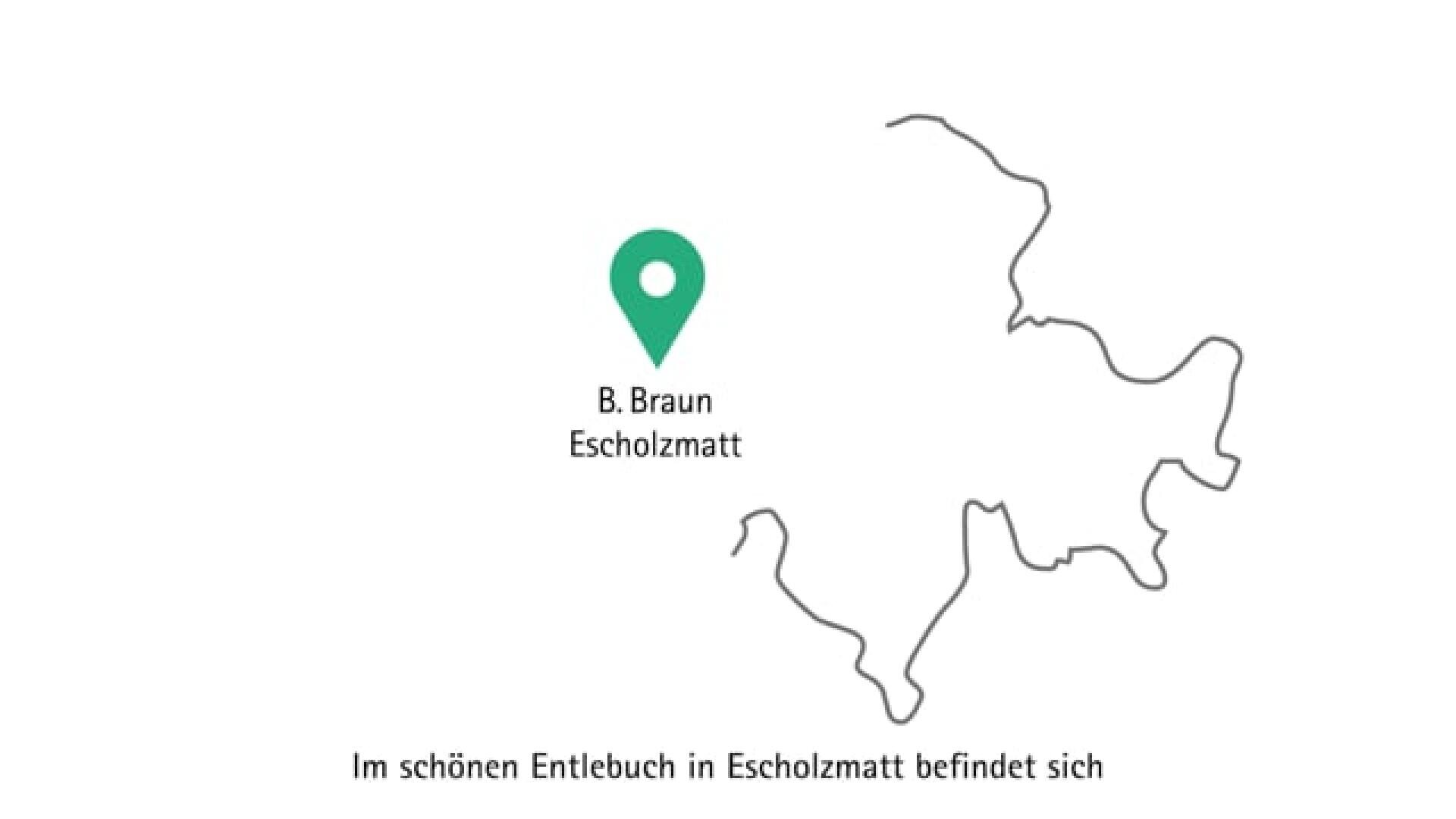 Eine einfache Übersichtskarte mit einer Ortsnadel mit der Aufschrift B. Braun Escholzmatt. Darunter steht ein deutscher Text: Im schönen Entlebuch in Escholzmatt befindet sich.