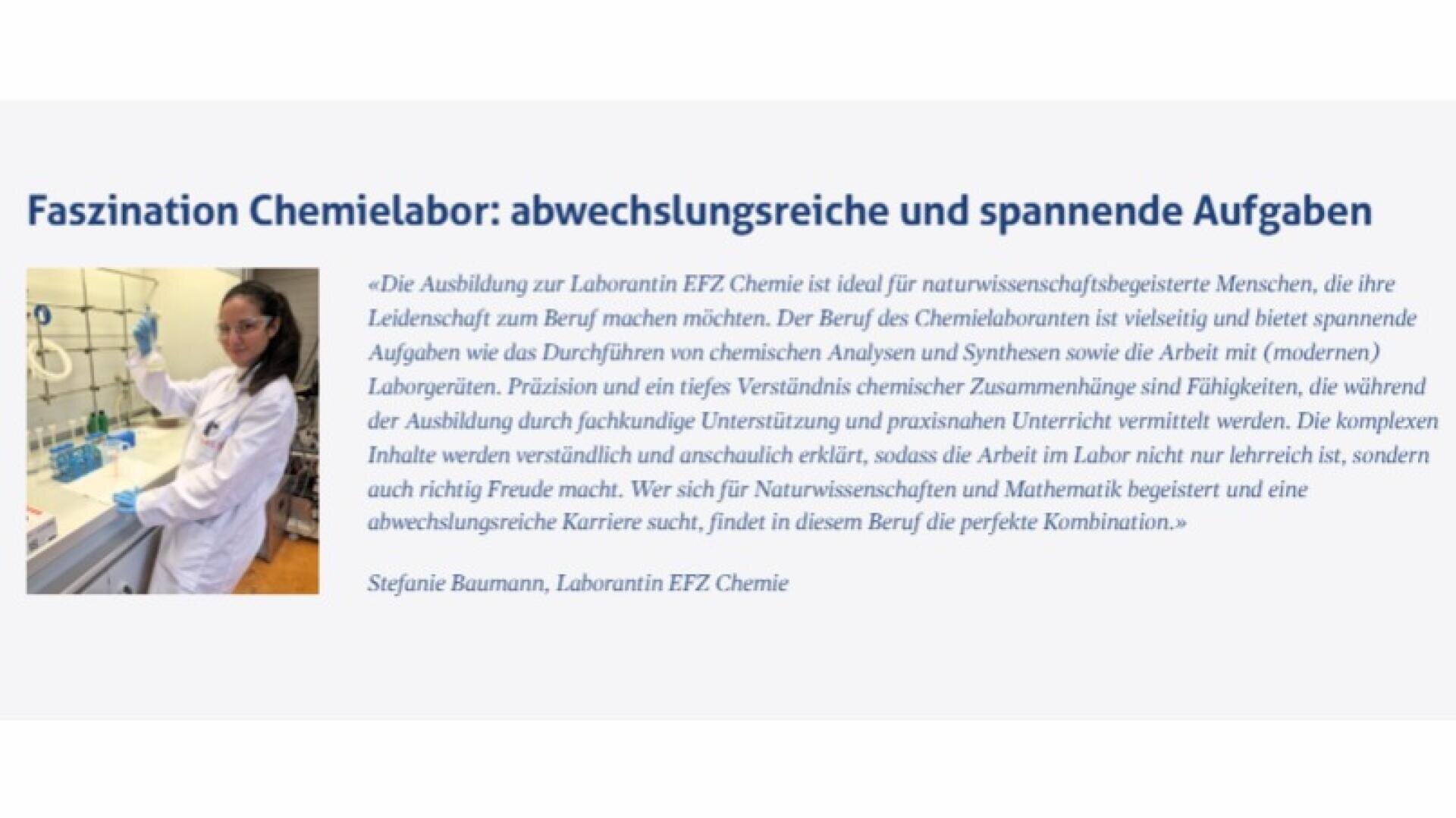Eine Frau in einem weißen Laborkittel steht in einem Labor neben verschiedenen Laborgeräten und Glaswaren. Sie lächelt in die Kamera, während sie eine Pipette hält. Neben ihr erscheint ein Zeugnis über die Arbeit in einem Chemielabor.