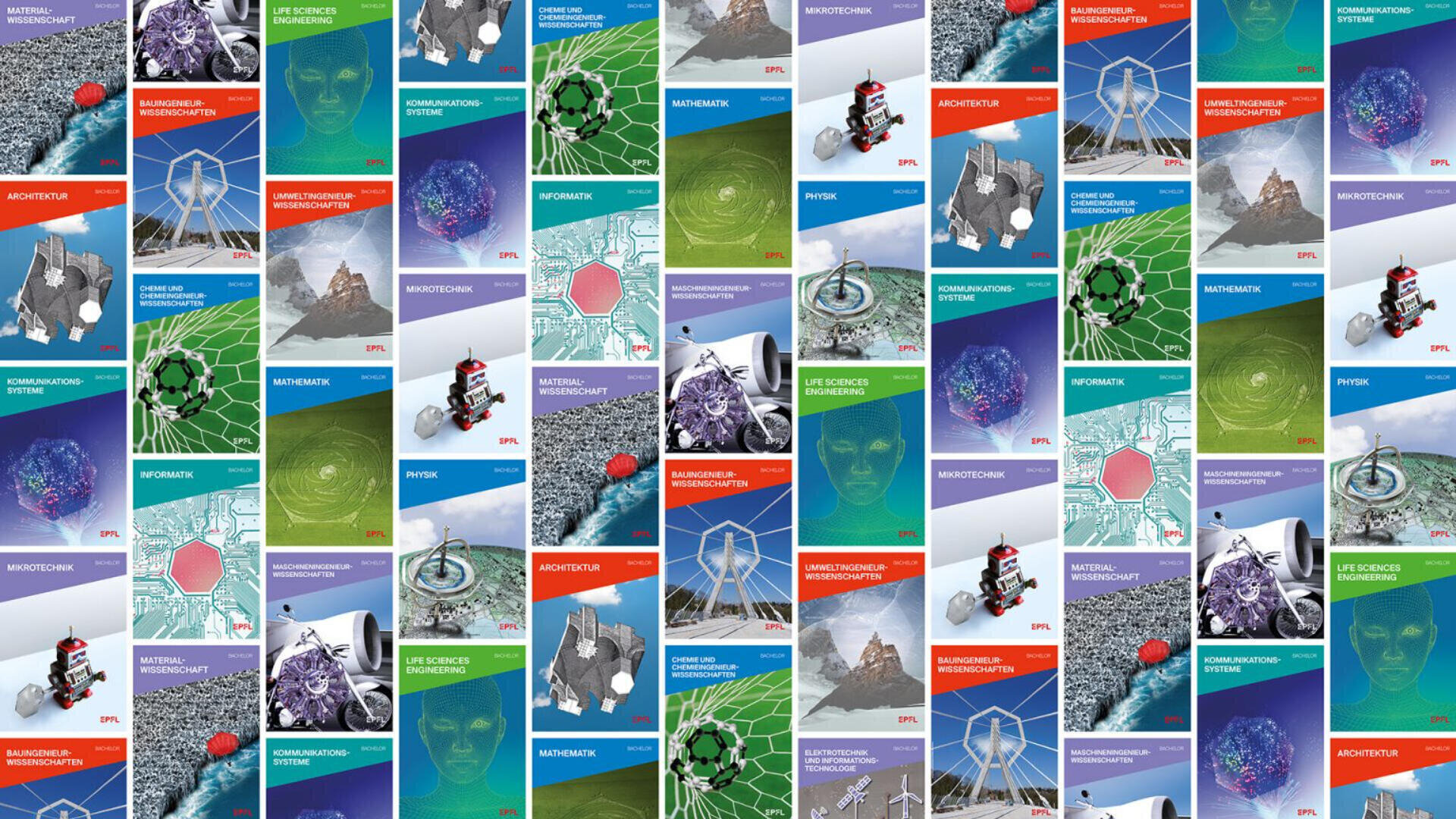 Eine Collage aus farbenfrohen Buchdeckeln zum Thema Wissenschaft und Technologie mit Bildern wie Robotern, Computergrafiken, Naturmustern, Molekülen, DNA-Strängen und geometrischen Mustern, die in einem sich wiederholenden Gittermuster angeordnet sind.