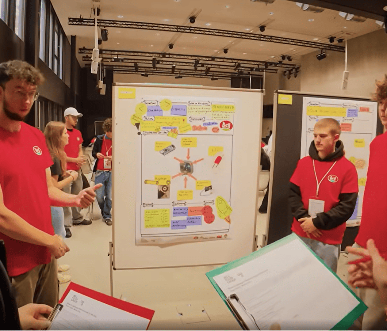 Mehrere junge Leute in roten Hemden stehen in einem modernen, gut beleuchteten Raum um eine mit bunten Notizen und Diagrammen bedeckte Präsentationstafel herum und besprechen oder präsentieren ein Projekt.