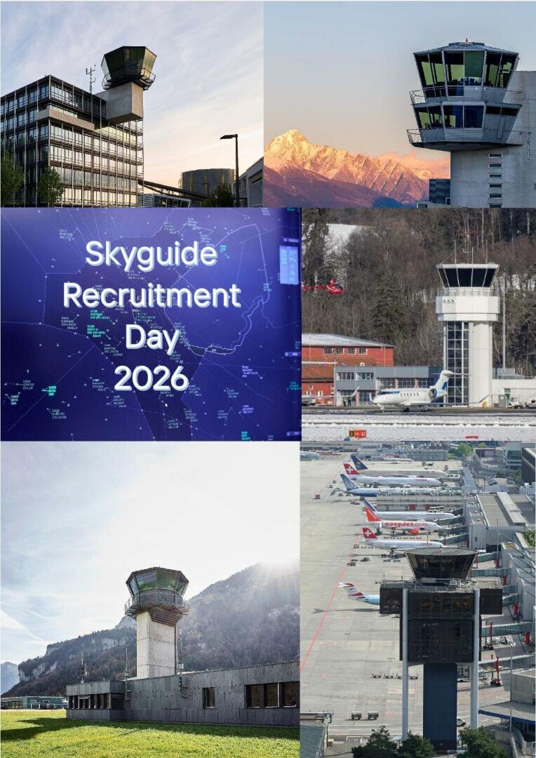 Eine Collage, die Flugsicherungstürme an verschiedenen Flughäfen, einen schneebedeckten Berg, eine Start- und Landebahn mit Flugzeugen sowie die Aufschrift „Skyguide-Rekrutierungstag 2026“ vor einem Kartenhintergrund zeigt.
