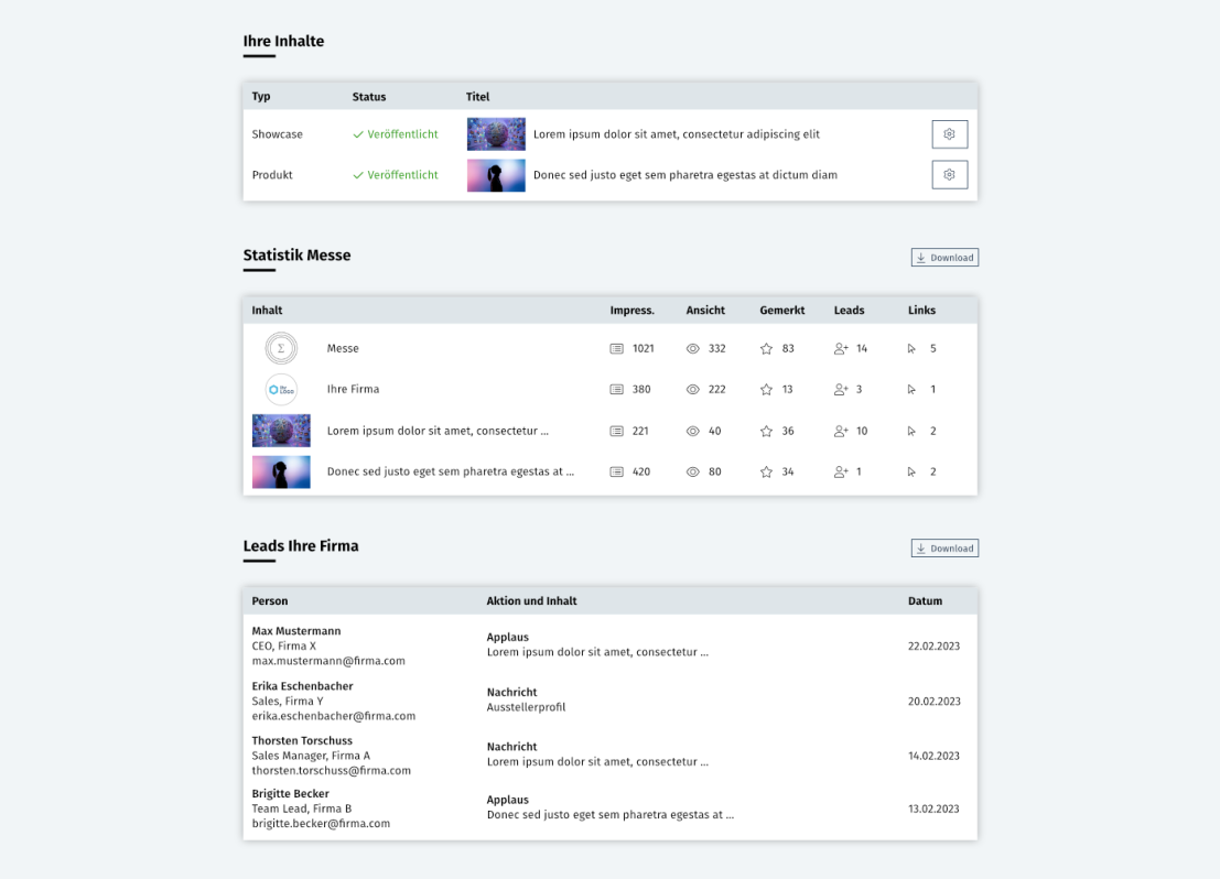 Ein Dashboard in deutscher Sprache zeigt drei Abschnitte an: „Ihre Inhalte“ mit Status- und Titelspalten, „Statistik Messe“ mit Tabellenstatistiken für Ereignisse und „Leads ihrer Firma“ mit einer Auflistung von Namen, Aktionen und Kontaktdaten.