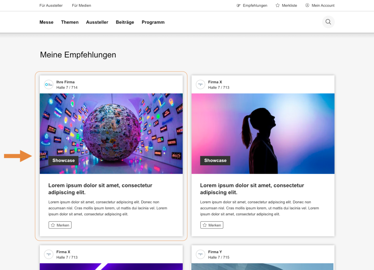 Eine Webseite zeigt zwei Empfehlungskarten. Die linke Karte zeigt einen bunten Globus, umgeben von schwebenden Bildschirmen, und trägt die Beschriftung „Showcase“. Die rechte Karte zeigt die Silhouette einer Frau vor violett-blauem Hintergrund.