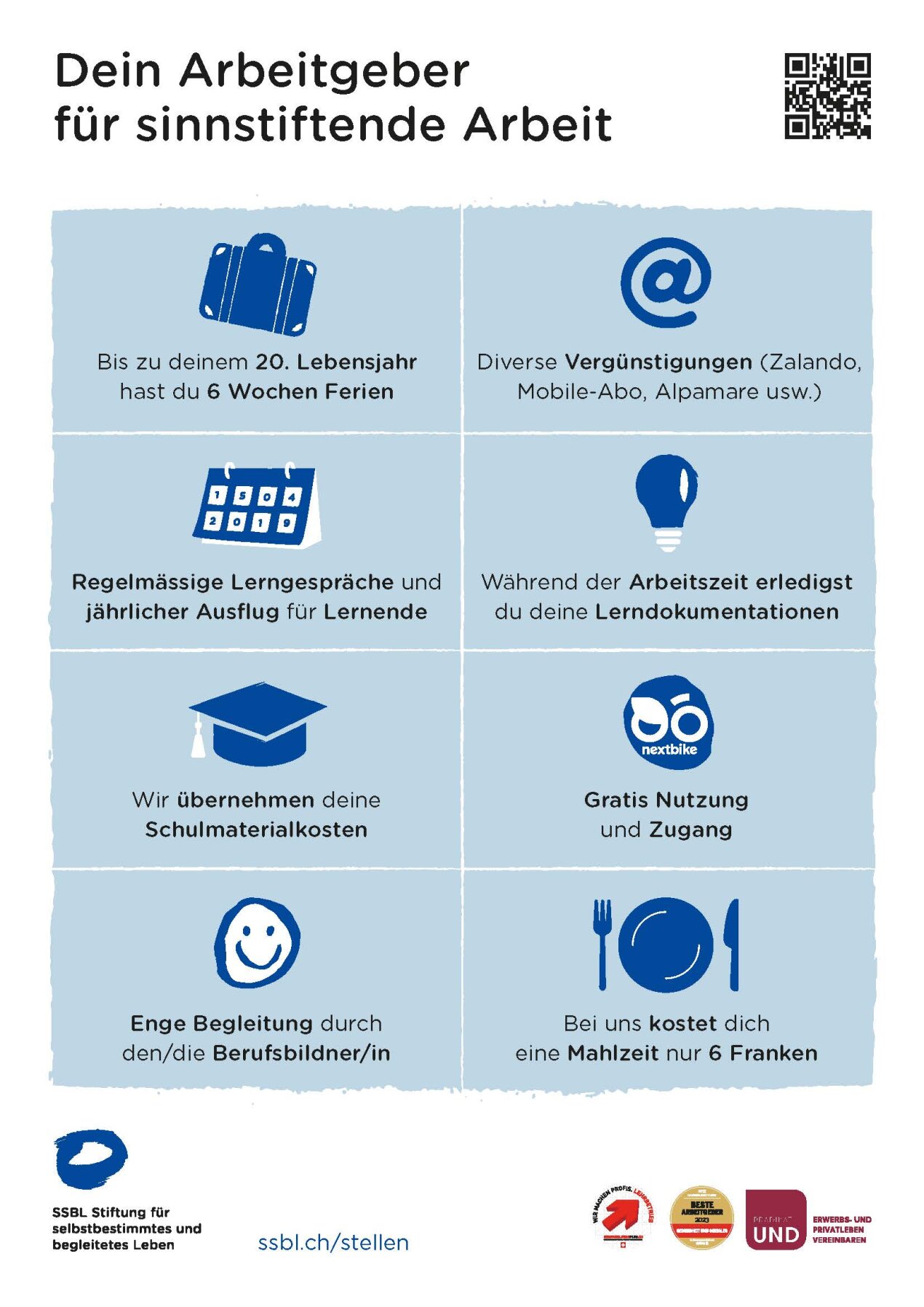 Infografik mit sechs Feldern, die die Vorteile einer Arbeitsstelle aufzeigen, z. B. Urlaub bis zum 20. Lebensjahr, Vergünstigungen, bezahlte Mahlzeiten, Reisebegleitung, Kosten für Schulmaterial, kostenlose Nutzung von Angeboten.