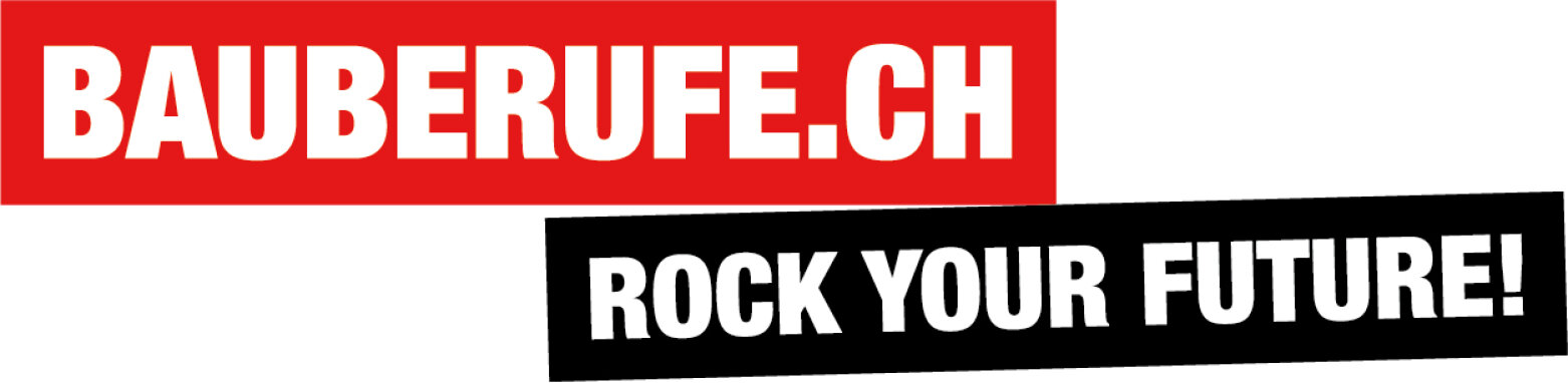 Das Bild zeigt fetten weißen Text auf farbigem Hintergrund: BAUBERUFE.CH in einem roten Rechteck und ROCK YOUR FUTURE! in einem schrägen schwarzen Rechteck darunter.