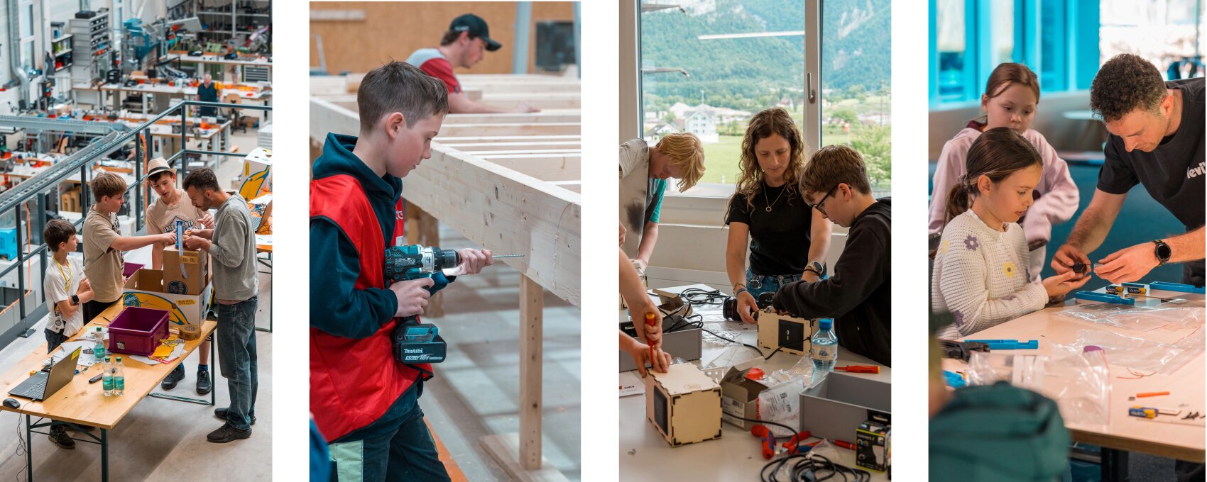 Kinder und Erwachsene nehmen an praktischen Workshops teil: Sie bauen mit Werkzeugen in einer Werkstatt, bohren in Holz, montieren Elektronik und basteln kleine Projekte an Tischen.