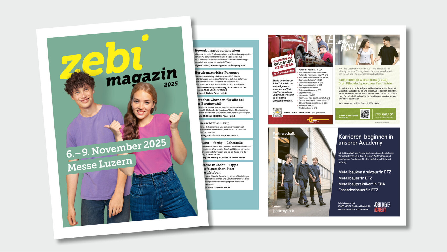 Ein aufgeschlagenes Magazin mit dem Titel „zebi magazin 2025“ zeigt zwei lächelnde Teenager auf dem Cover und Seiten mit Text, Fotos und Informationen zu einem Karriere-Event, das vom 6. bis 9. November 2025 in der Messe Luzern stattfindet.